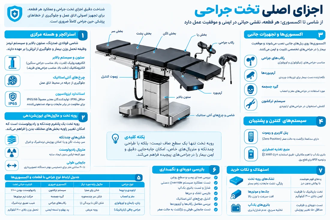 اینفوگرافیک اجزای اصلی تخت جراحی