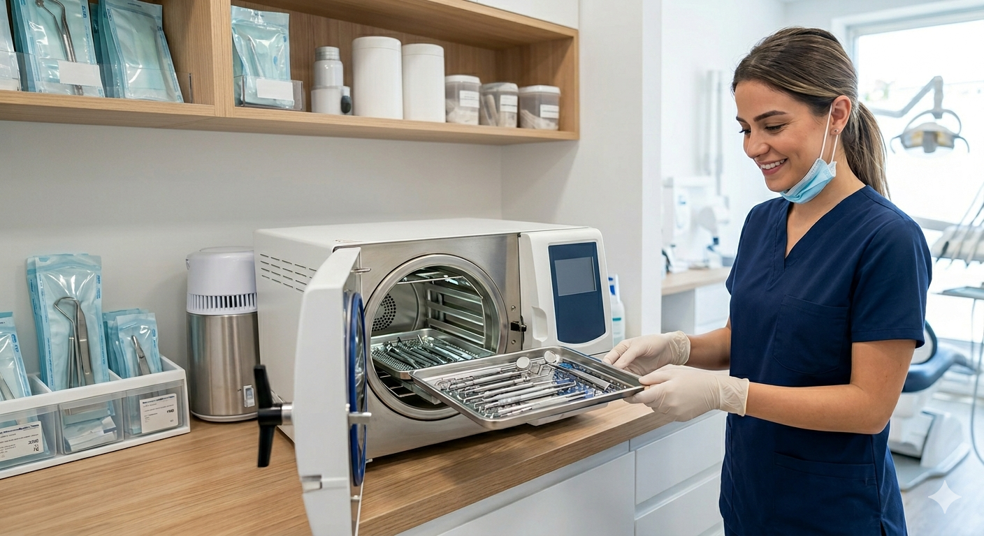 یک زن با لباس آبی در حال کار با دستگاه اتوکلاو