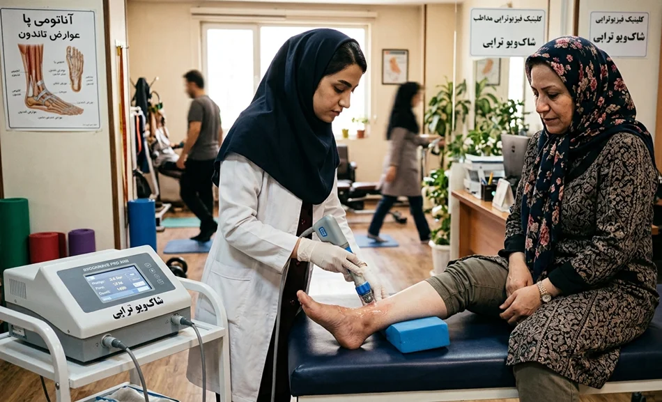 یک فیزیوتراپیست زن ایرانی با مقنعه و روپوش سفید در حال انجام درمان شاک‌ویو تراپی (Shockwave Therapy) روی مچ پای یک زن بیمار مسن‌تر است. بیمار با روسری و لباس سنتی روی تخت معاینه نشسته و درمان روی مچ پای او که روی یک فوم آبی قرار گرفته، در حال اجرا است. دستگاه شاک‌ویو با مانیتور فارسی در سمت چپ و پوسترهای آناتومی فارسی و سایر بیماران در حال ورزش در پس‌زمینه کلینیک دیده می‌شوند.