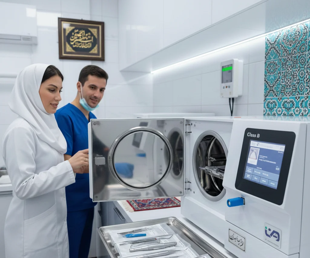 دو تکنسین آزمایشگاه در حال بررسی اتوکلاو