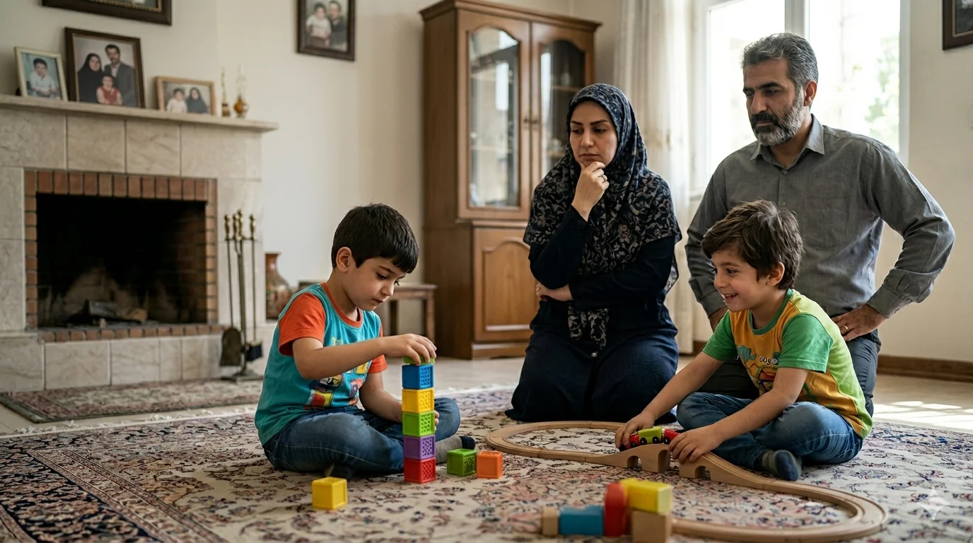 والدین کنار فرزندانشان در خانه ای نشستن و یکی از فرزندان کم توان ذهنی است و دیگری اوتیسمی