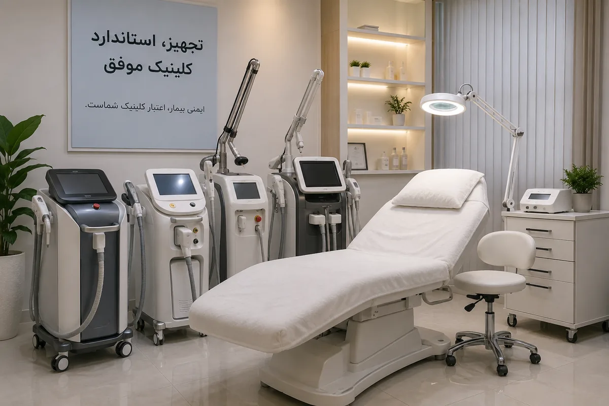 تجهیزات استاندارد کلینیک زیبایی شامل تخت پزشکی و دستگاه‌های لیزر و جوانسازی