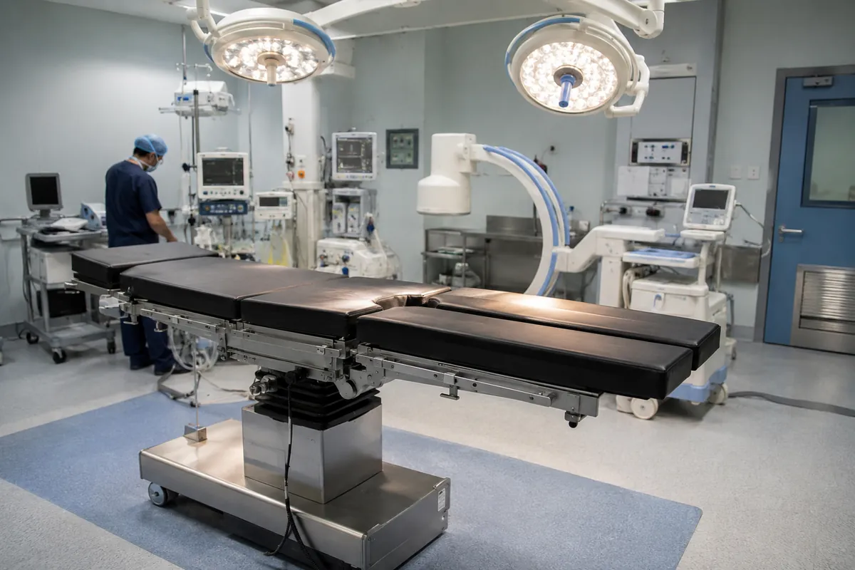 تخت جراحی اتاق عمل در کنار دستگاه C-Arm و تجهیزات پزشکی