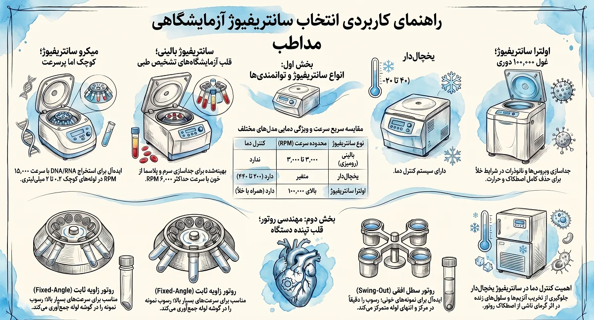 اینفوگرافی راهنمای جامع طبقه‌بندی و کاربرد سانتریفیوژهای آزمایشگاهی