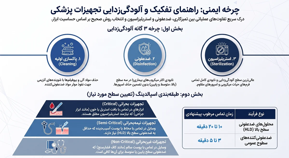 اینفوگرافیک چرخه ایمنی تفکیک و آلودگی زدایی تجهیزات پزشکی بر اساس طبقه‌بندی اسپالدینگ و زمان تماس مرطوب مدطب